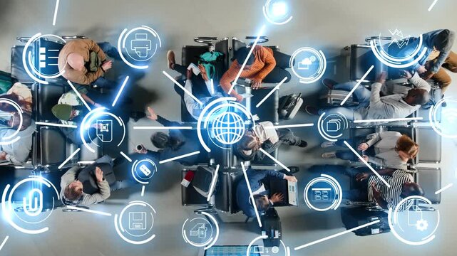People in airport travelling for business using public WIFI to do remote work, VFX compositing. Multiethnic businesspeople waiting for airplane, digital data synchronization overlay