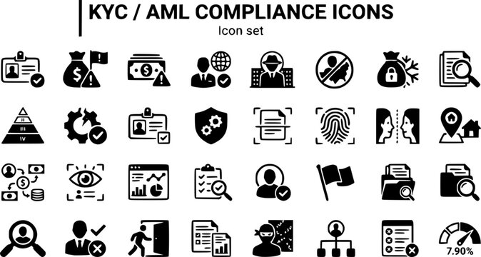 KYC AML Compliance Icon Set Identity Verify AML Flag SAR PEP Screen Beneficial Owner Sanctions Freeze Audit Risk Tier KYC Check Compliance Shield 30 Icons Flat Vector Fintech RegTech