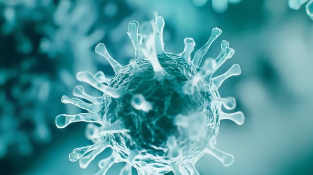Virus cells multiplying and moving in a microscopic environment, representing concepts of infectious disease, scientific research, and global health challenges