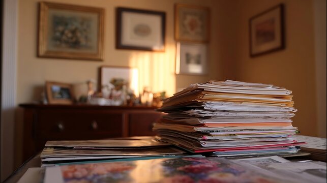 A stack of papers and documents sits on a table in a room with framed artwork on the wall and warm lighting