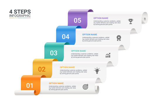 Modern infographic template with colorful paper roll elements, business icons. Can be use diagram, timeline, workflow and background