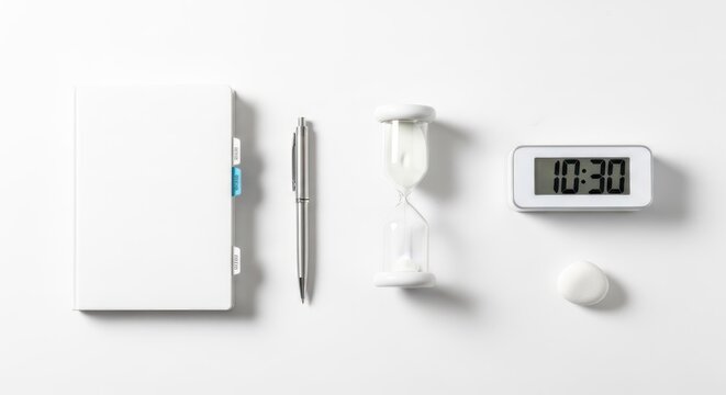 A minimalist setup with a closed notebook, a pen, an hourglass, and a digital clock on a white surface. The objects are arranged in a row, with the clock displaying 10:30.