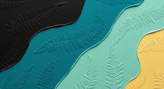 Abstract embossed fern leaf pattern background texture in teal and yellow tones with subtle wave-like shapes and a matte finish