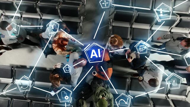 Using AI technology, airport operational logistics optimization and tourist walking, VFX compositing. Artificial intelligence powering airport, predictive passenger flow management and modern terminal
