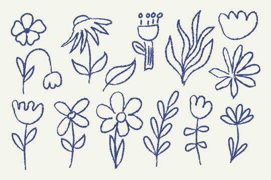 Whimsical hand drawn flower, naive flower set isolated background.