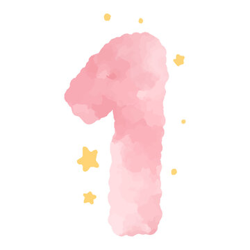 Watercolor number 1 clipart, soft pink cloud number with stars, baby birthday design