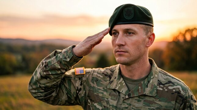 A man in US Army camouflage uniform gives a military salute at sunset. A patriotic military gesture honoring service in the armed forces. American Independence Day.