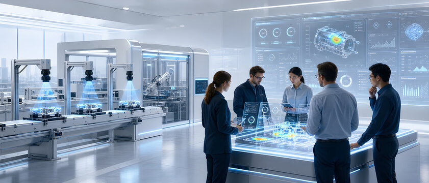 Advanced Manufacturing Quality Inspection &ndash; Engineers Analyzing Holographic Automotive Component and Production Data