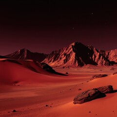 Fototapeta premium Red desert planet landscape with rocky mountains under starry night sky. Sandy dunes, arid terrain, alien world scenery, sci fi concept art with Mars colors.