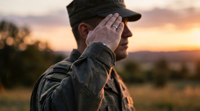 A man in US Army camouflage uniform gives a military salute at sunset. A patriotic military gesture honoring service in the armed forces. American Independence Day.