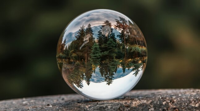 Transparent crystal ball sits on stone, reflecting rich green forest and distant mountains. Scenic nature view in sphere, upside down landscape, focus on glass orb.