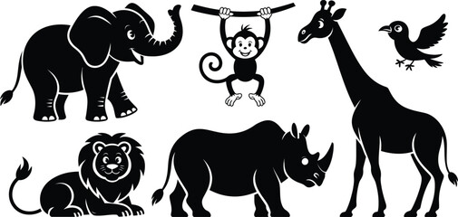 Black animal icons, safari silhouette set, 5 wildlife illustrations, vector graphics © KABIR678