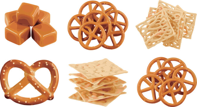 Crunchy Snack Vector Collection with Pretzels Crackers Caramel Cubes and Crispy Chips for Food Packaging and Menu Design Projects