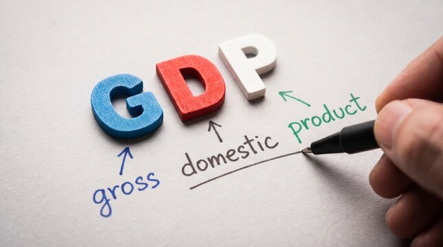 Gross Domestic Product (GDP) concept spelled out with letters and definitions explained