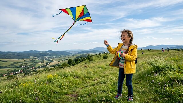Young girl flying colorful kite on vast green hills under blue sky with activity