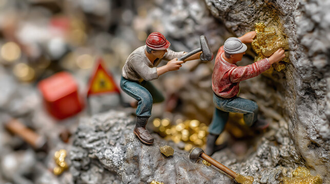 mining development gold mine doll. model miniature mineral white background macro men at work. miner mine wealth gold thinking. businessman investment asset children funds.