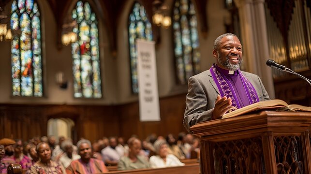 African American pastor delivering a sermon in a church with stained glass windows.