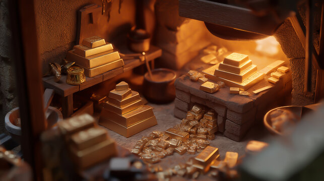 mining development gold mine doll. model miniature mineral white background macro men at work. miner mine wealth gold thinking. businessman investment asset children funds.