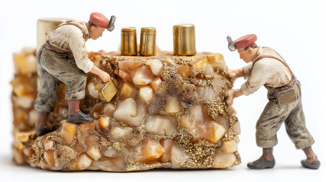 mining development gold mine doll. model miniature mineral white background macro men at work. miner mine wealth gold thinking. businessman investment asset children funds.