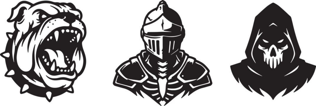 Aggressive bulldog head medieval knight bust and grim hooded reaper avatar collection.