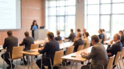 Fototapeta premium Business professionals attending seminar in modern conference room with speaker at podium and audience sitting at desks for corporate training and professional development photography