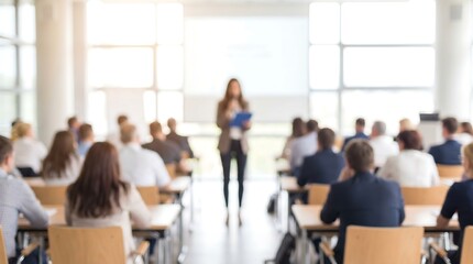 Obraz premium Professional female speaker presenting a business seminar to a blurred audience in a bright conference hall showcasing educational workshops and professional training events