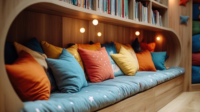 A cozy reading nook with a built-in bench, colorful pillows, and a bookshelf filled with books.