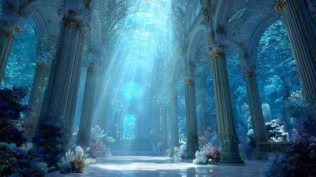 Ancient temple ruins submerged underwater in the deep blue sea with mystical light