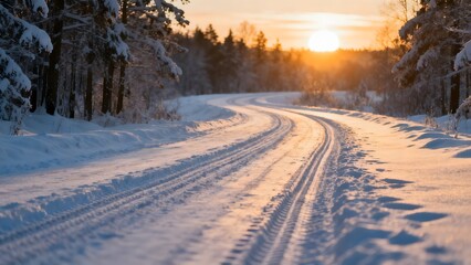 Obraz premium Snowy winding road at sunset