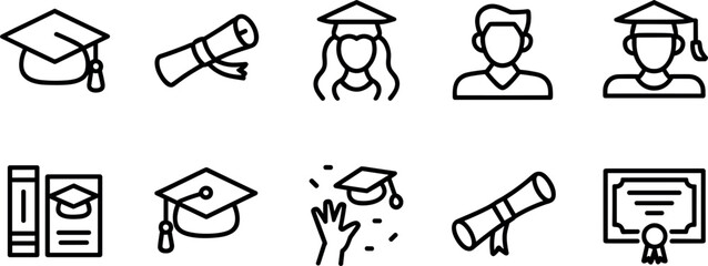 Fototapeta premium Education and Graduation Icon Set with Students Diploma Certificate Graduation Cap and Academic Symbols Minimal Line Vector Collection for School and University Design