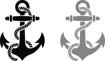 Nautical anchor icons, black and gray, vector graphics, rope details, marine symbols, set of 2 © KABIR678