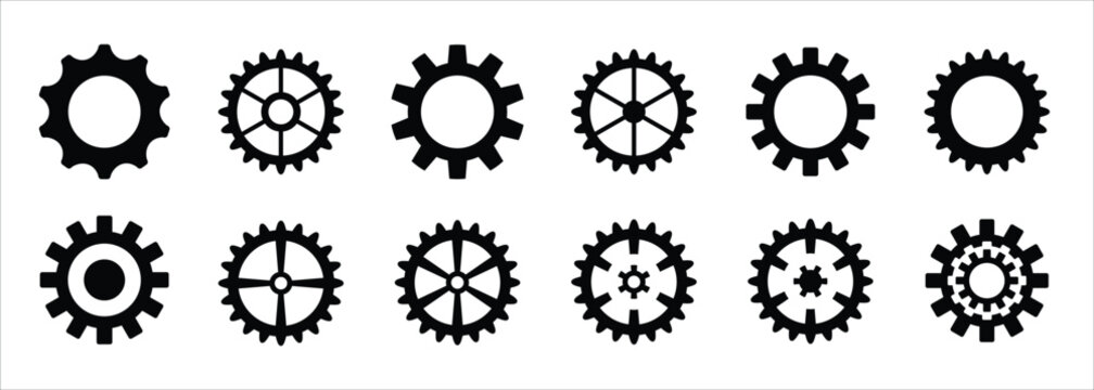 Collection of diverse black gear icons with varying tooth counts and internal structures representing mechanical parts and industry concepts on a clean white background perfect for design elements