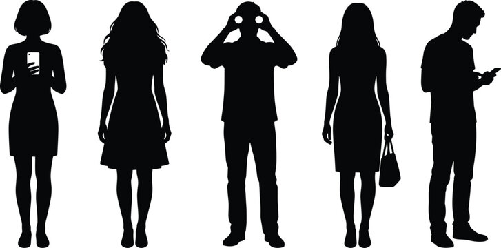 Five silhouettes of people in long dresses and a suit standing side by side women black clothing des