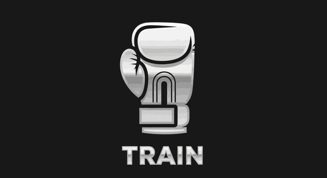 Boxing Glove Logo Featuring The Word Train In Metallic Font On A Dark Background