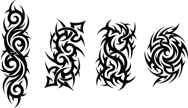 Abstract black tribal tattoo design vector set with sharp swirling ornaments for body artAbstract black tribal tattoo design vector set with sharp swirling ornaments for body art