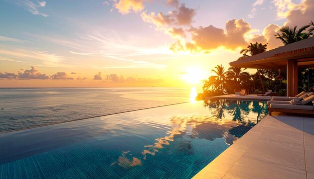 夕焼けの海を望むインフィニティプール付き高級ヴィラのリゾート風景