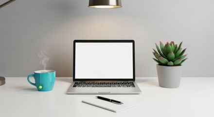 Fototapeta premium A minimalist workspace setup with a laptop, a steaming mug, a pen, a notebook, and a succulent plant on a white desk under a lamp. The scene is well-lit with a clean, modern aesthetic.