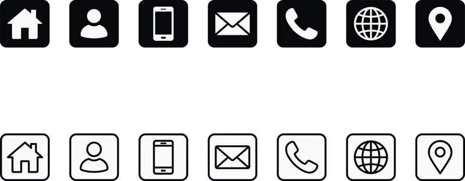 Basic contact us and web interface icon set in black solid and outline vector illustrationBasic contact us and web interface icon set in black solid and outline vector illustration