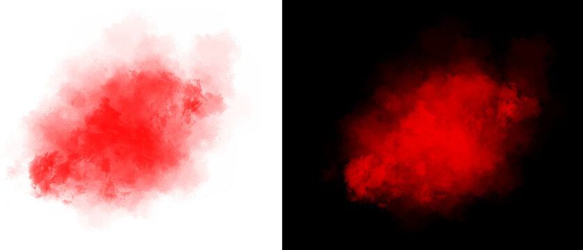 Red smoke cloud on white and black background, vibrant crimson vapor explosion, abstract colorful mist texture for design overlays