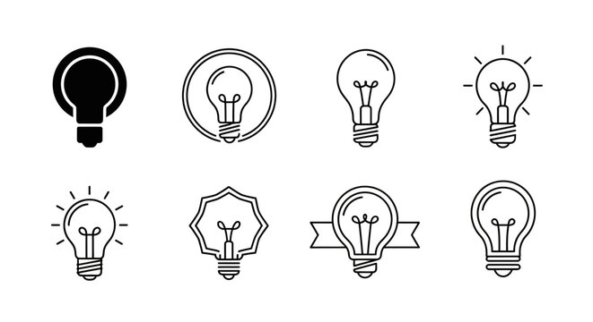 Set of eight minimalist light bulb icons in linear and solid styles