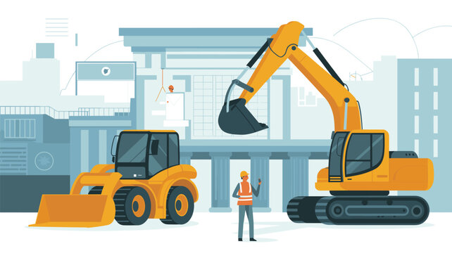 A lone construction worker holds a smartphone while standing between a yellow excavator and a large front-end loader in front of a classical building with pillars.