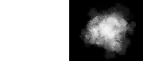 Fototapeta premium Atmospheric white smoke cloud on black background, ethereal steam texture for overlay, realistic fog puff and vapor element for photo editing