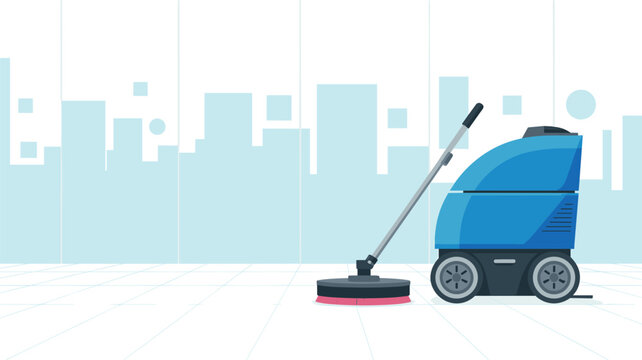 A blue commercial floor scrubber machine with a rotating red brush sits on a white tiled floor in a bright, modern office lobby with a minimalist glass background.
