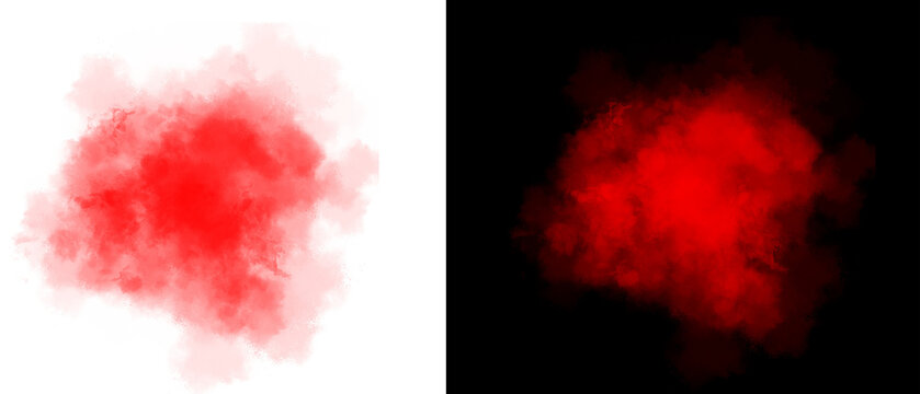 Vibrant red smoke explosion on white and black backgrounds. Abstract crimson ink cloud splash, atmospheric scarlet powder burst for creative design