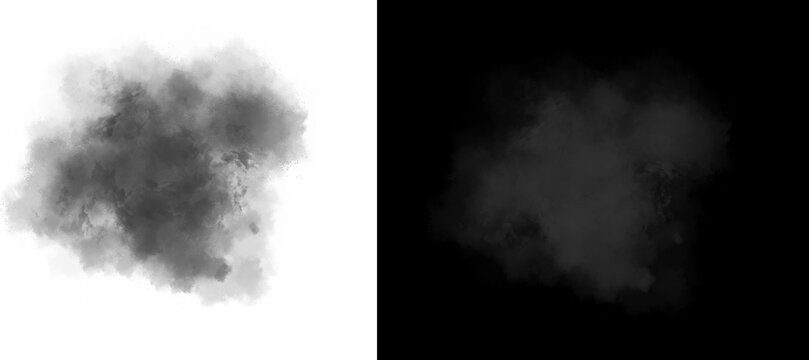 Atmospheric black smoke cloud on white background, dark gray steam burst and alpha channel mask, realistic explosion dust for visual effects