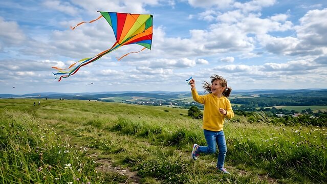 Cheerful girl flying a bright colorful kite on a sunny green meadow