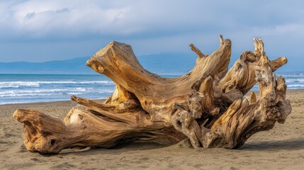 Fototapeta premium A Large, Weathered Driftwood Log Resting on a Sandy Beach with the Ocean in the Background