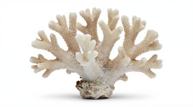 Beige staghorn coral fragment on plain white backdrop. Natural calcium carbonate structure isolated for decor or science study. Delicate branching marine organism, detailed texture.