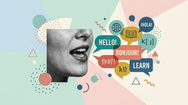 Modern geometric collage of a person speaking multiple languages. Perfect for global education, translation services, and linguistic diversity.High quality photo