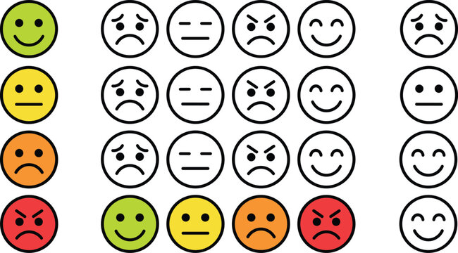 Customer feedback survey rating scale emoticon vector set with colorful and outlined mood facesCustomer feedback survey rating scale emoticon vector set with colorful and outlined mood faces